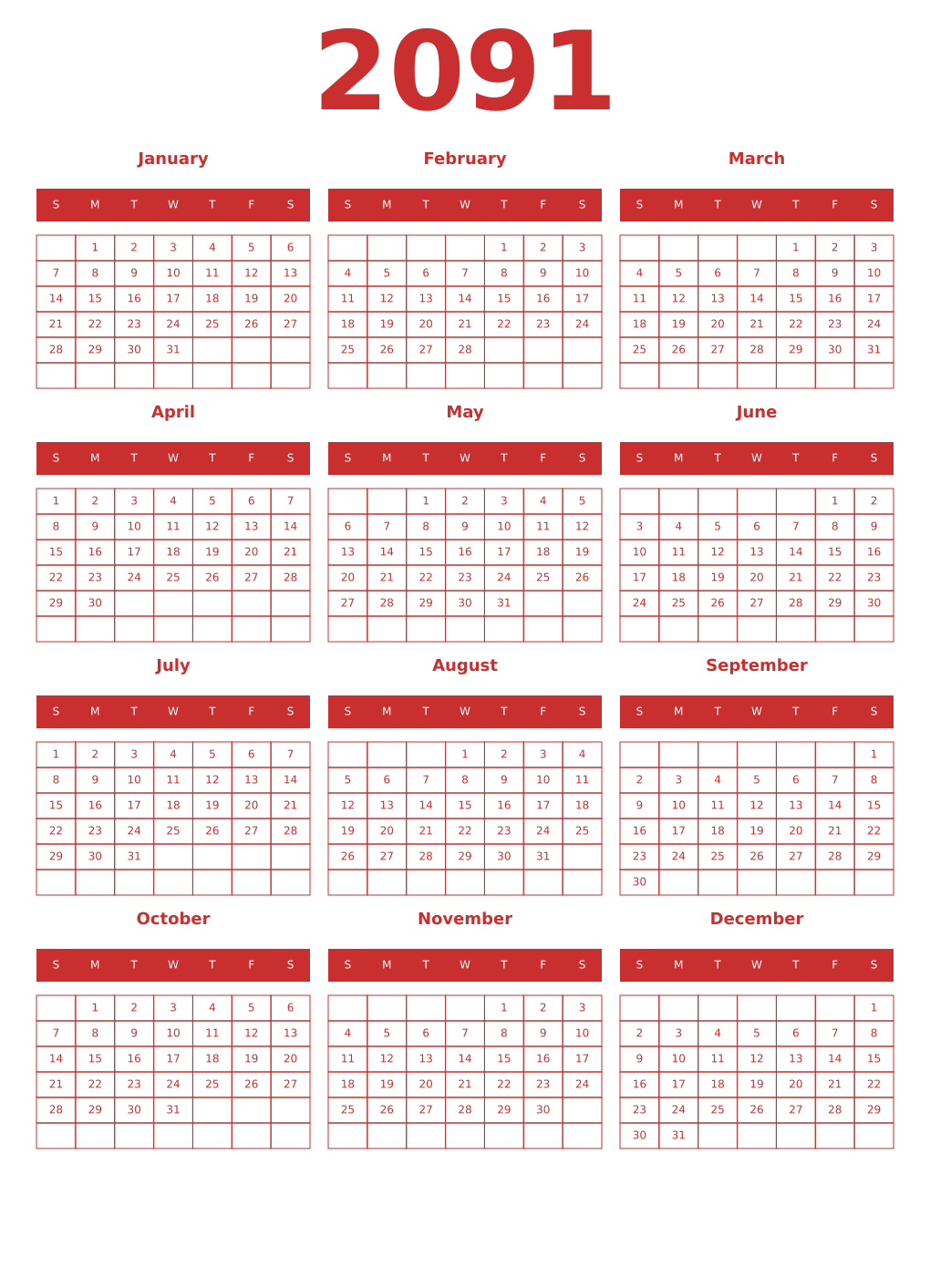 Printable 2091 Year Calendars red