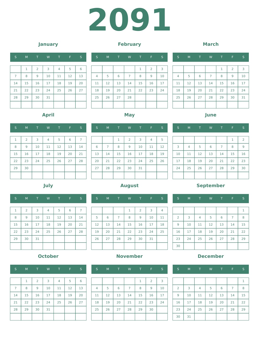 Printable 2091 Year Calendars viridian