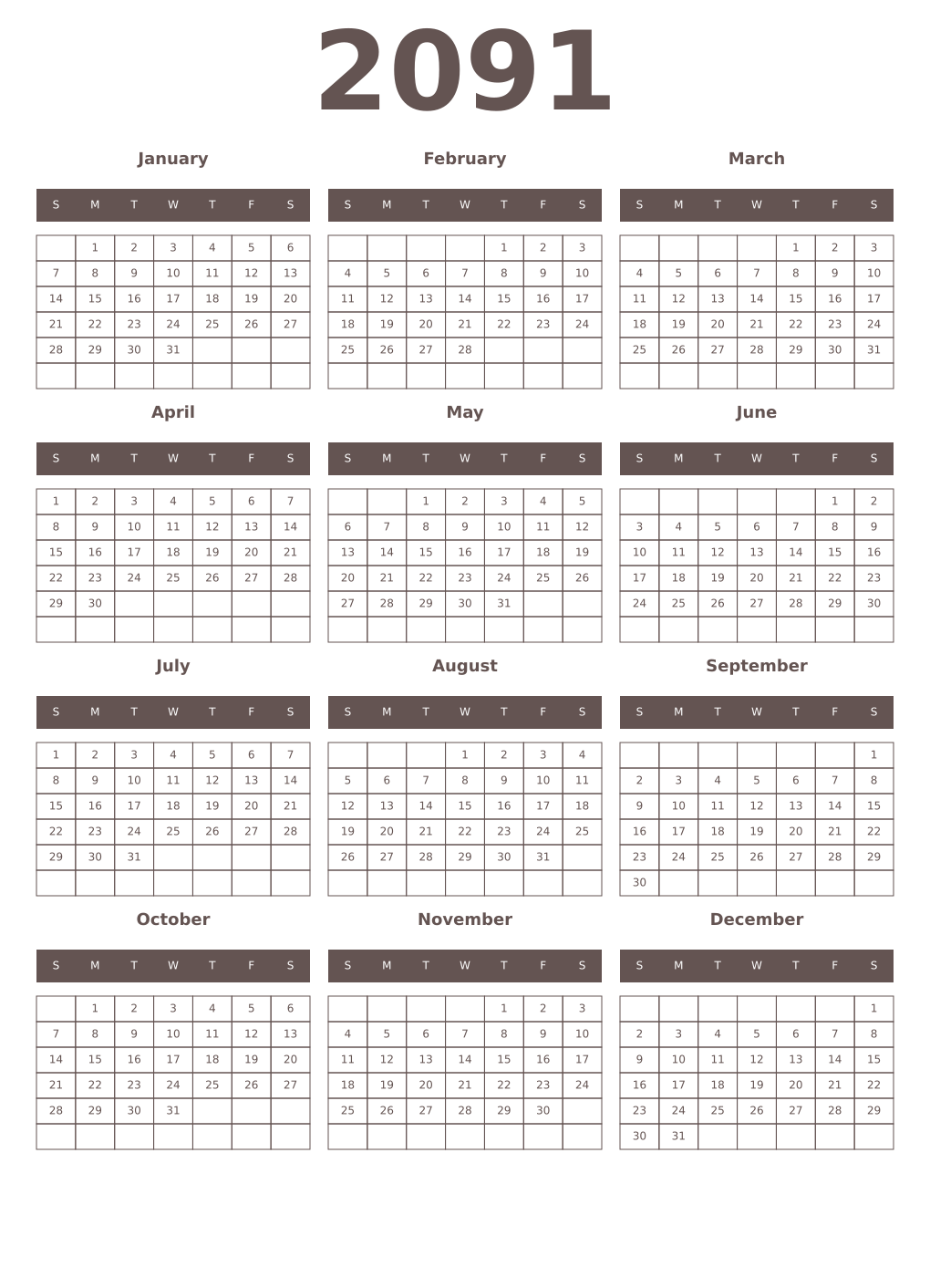 Printable 2091 Year Calendars wenge
