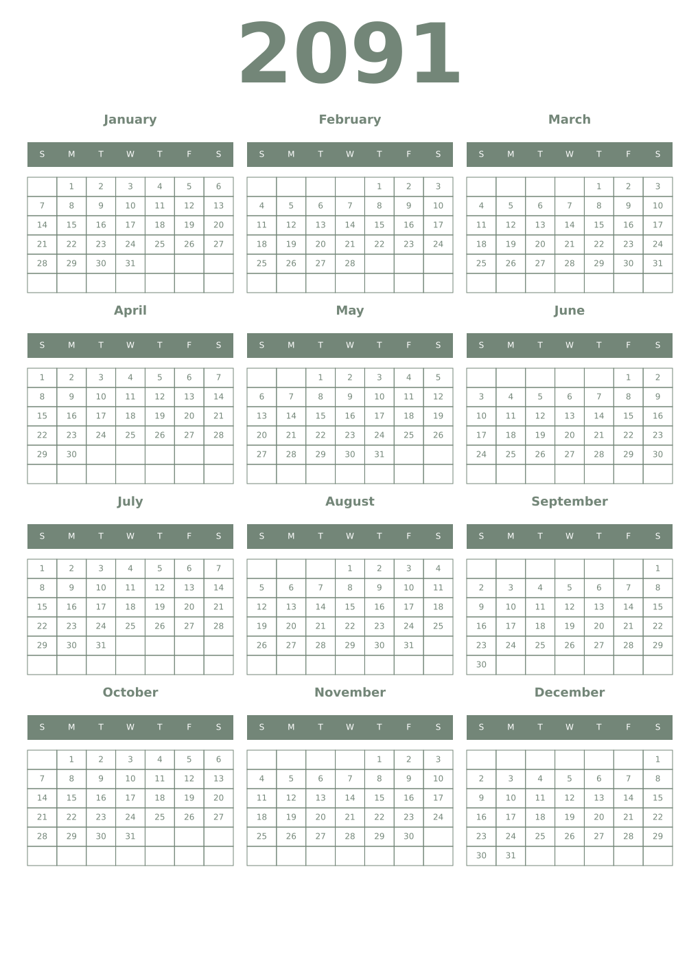 Printable 2091 Year Calendars xanadu