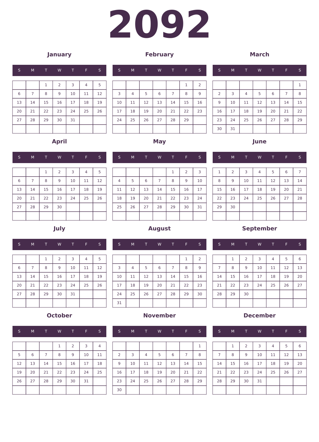 Printable 2092 Year Calendars aubergine