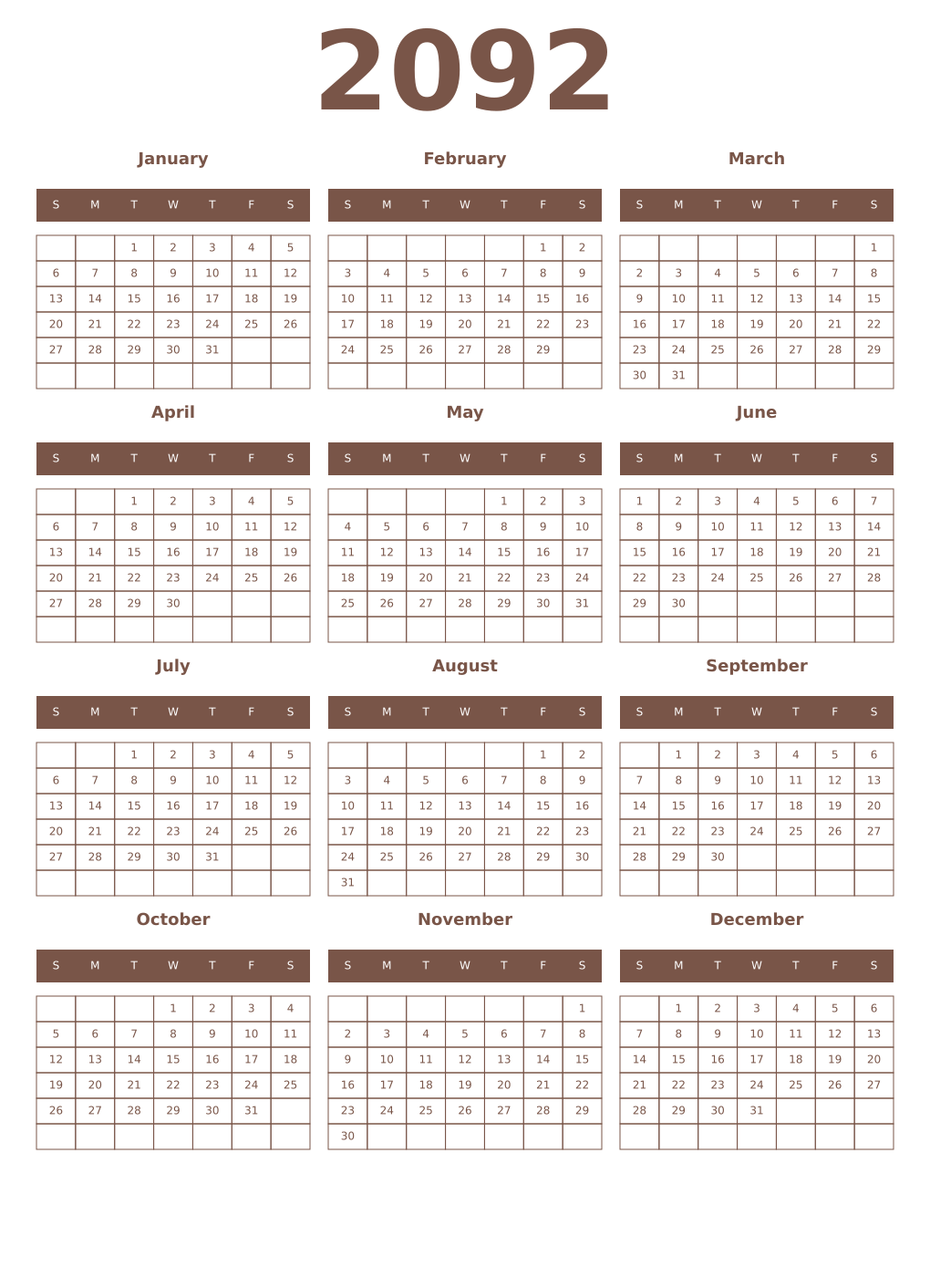 Printable 2092 Year Calendars coffe
