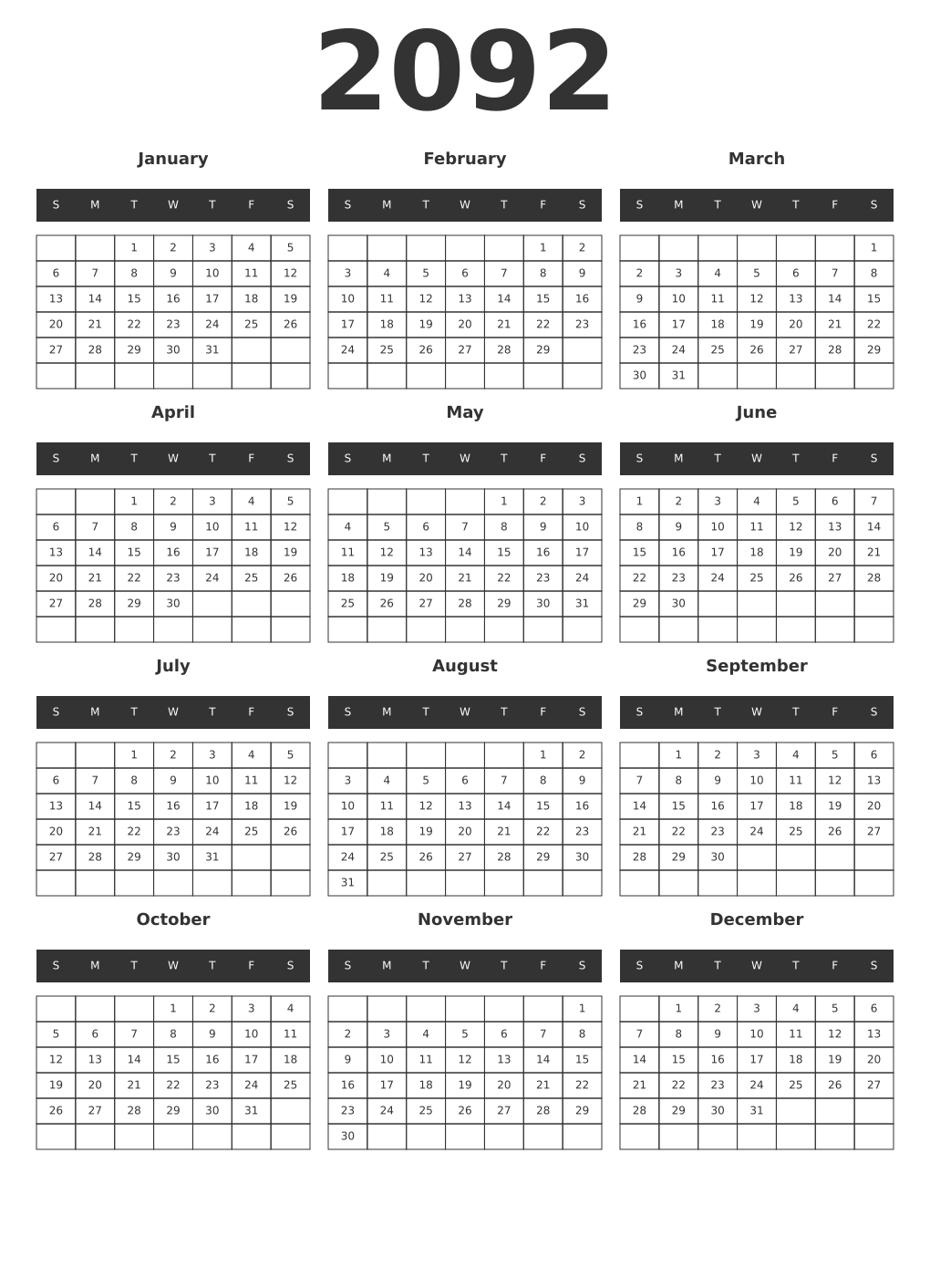 Printable 2092 Year Calendars dark