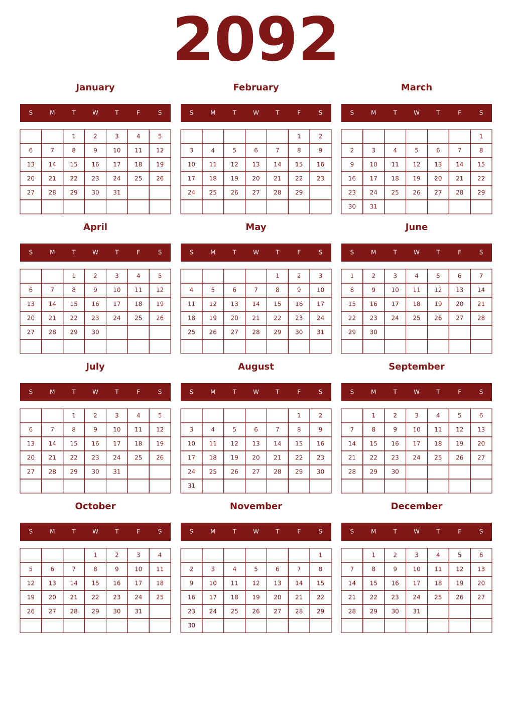 Printable 2092 Year Calendars falu