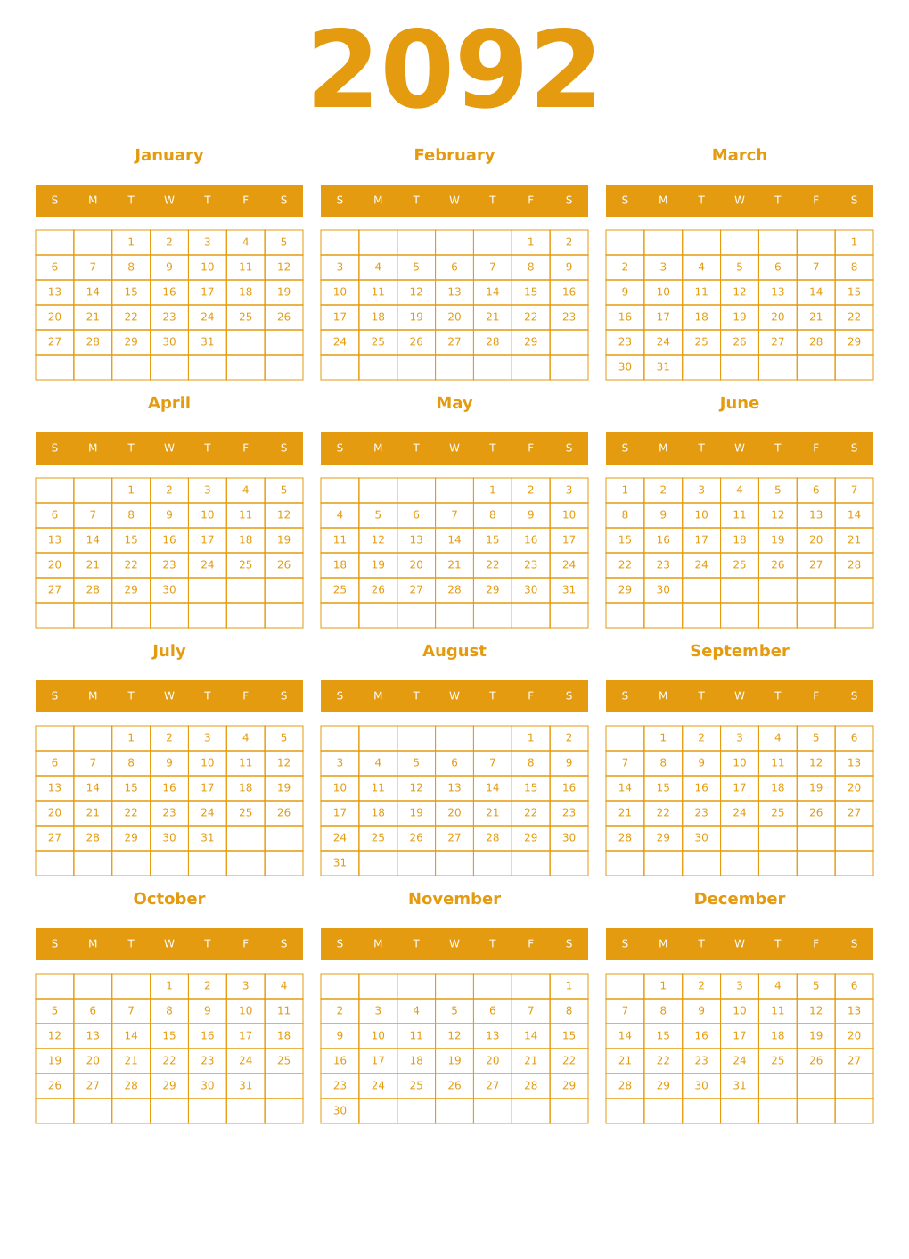 Printable 2092 Year Calendars gamboge