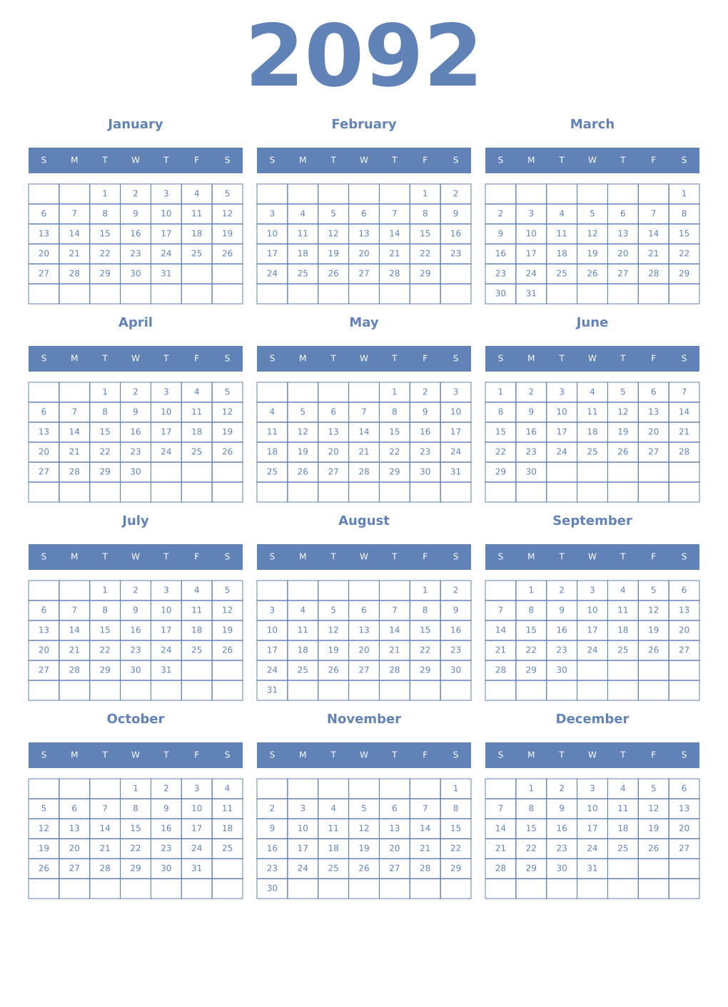 Printable 2092 Year Calendars glaucous