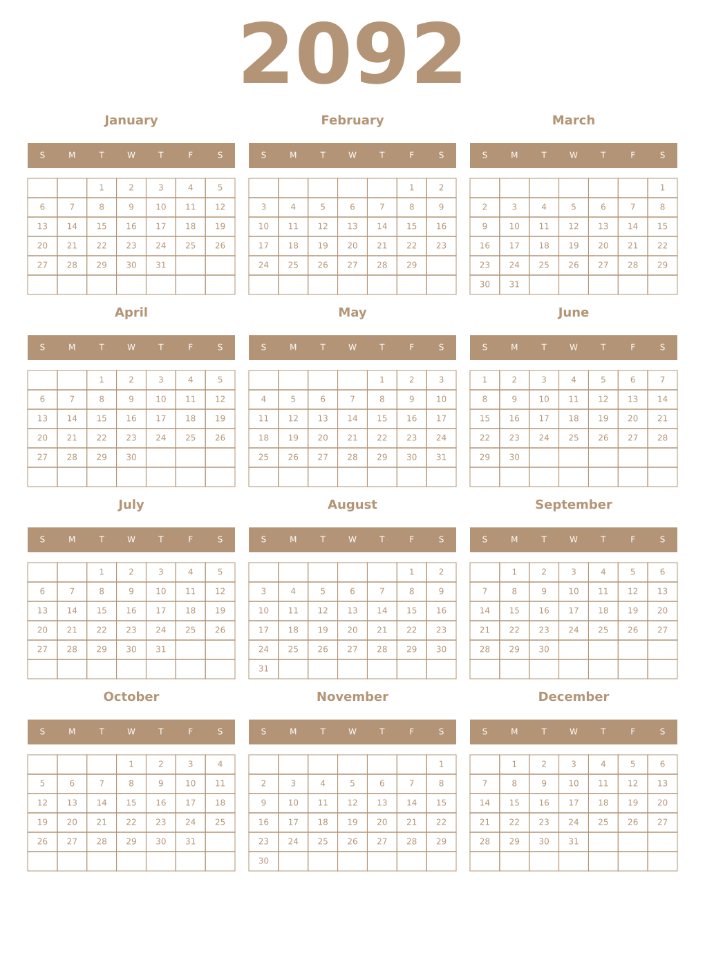 Printable 2092 Year Calendars isabelline