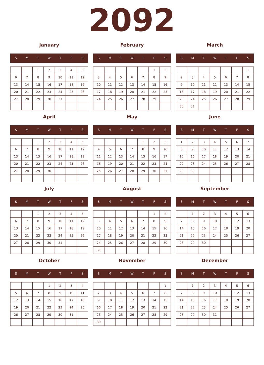 Printable 2092 Year Calendars mortuum