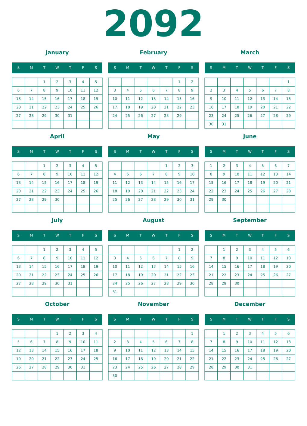 Printable 2092 Year Calendars pastel