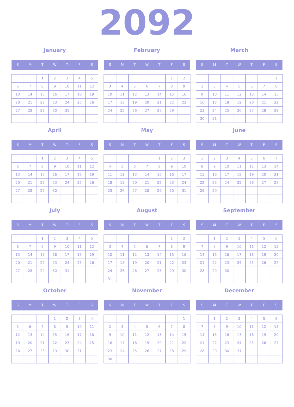 Printable 2092 Year Calendars periwinkle