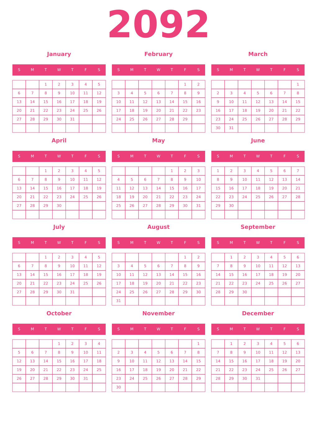 Printable 2092 Year Calendars pink