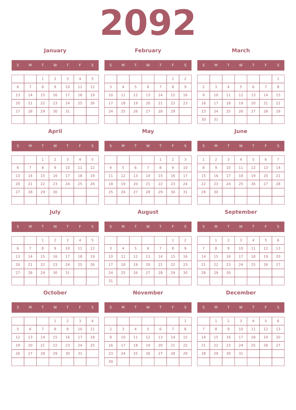 Printable 2092 Year Calendars puce