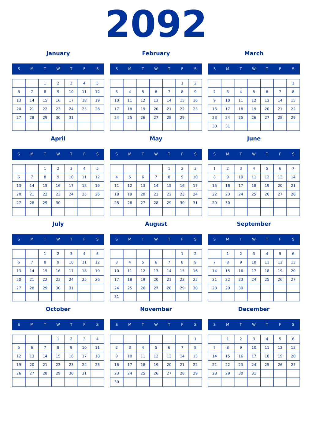 Printable 2092 Year Calendars smalt