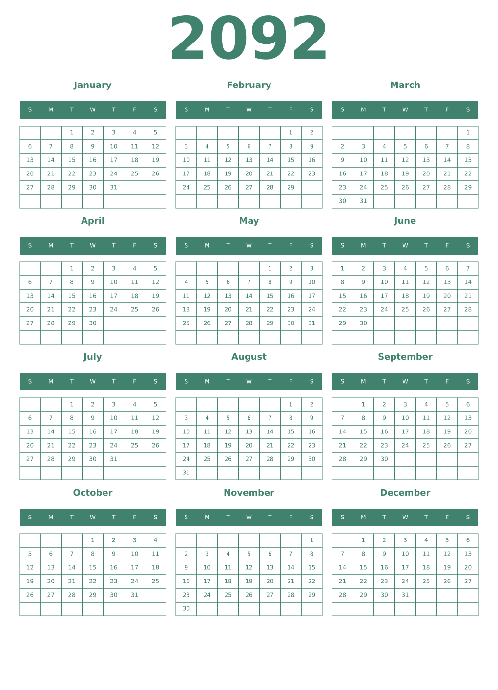 Printable 2092 Year Calendars viridian