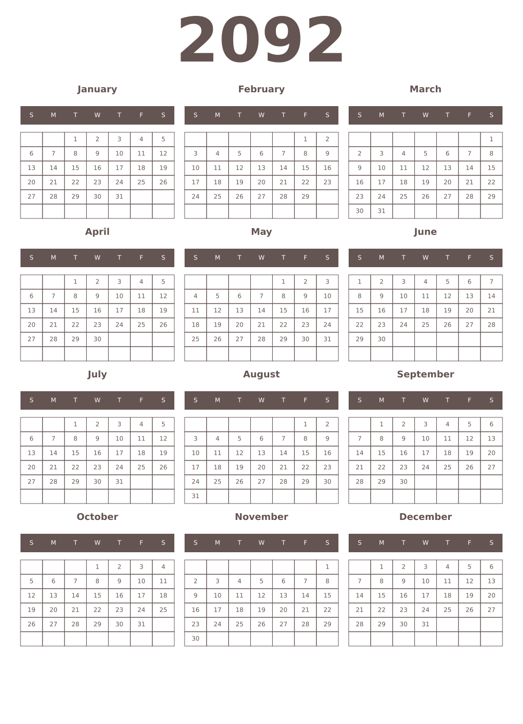 Printable 2092 Year Calendars wenge