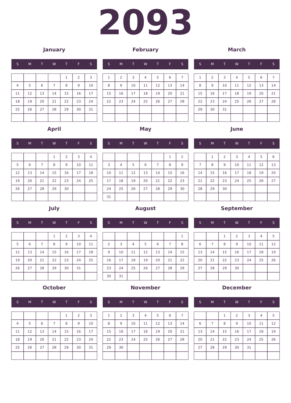 Printable 2093 Year Calendars aubergine