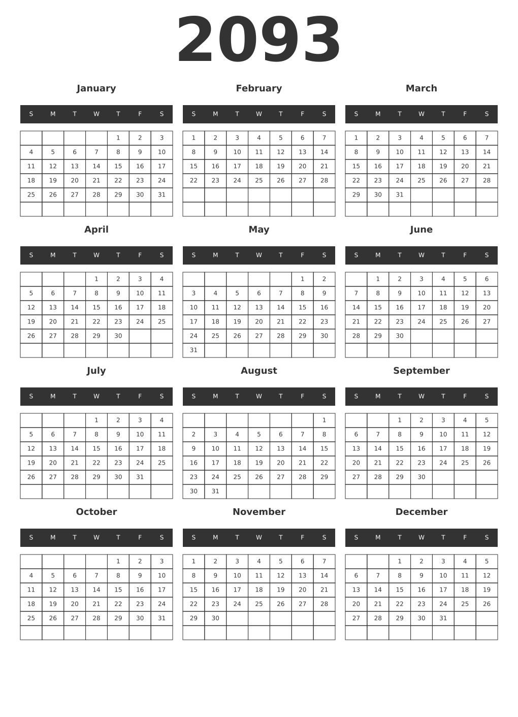 Printable 2093 Year Calendars dark