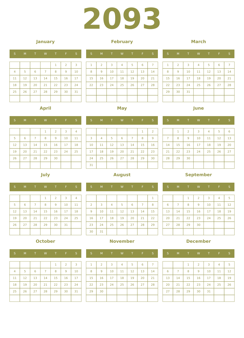 Printable 2093 Year Calendars eburnean