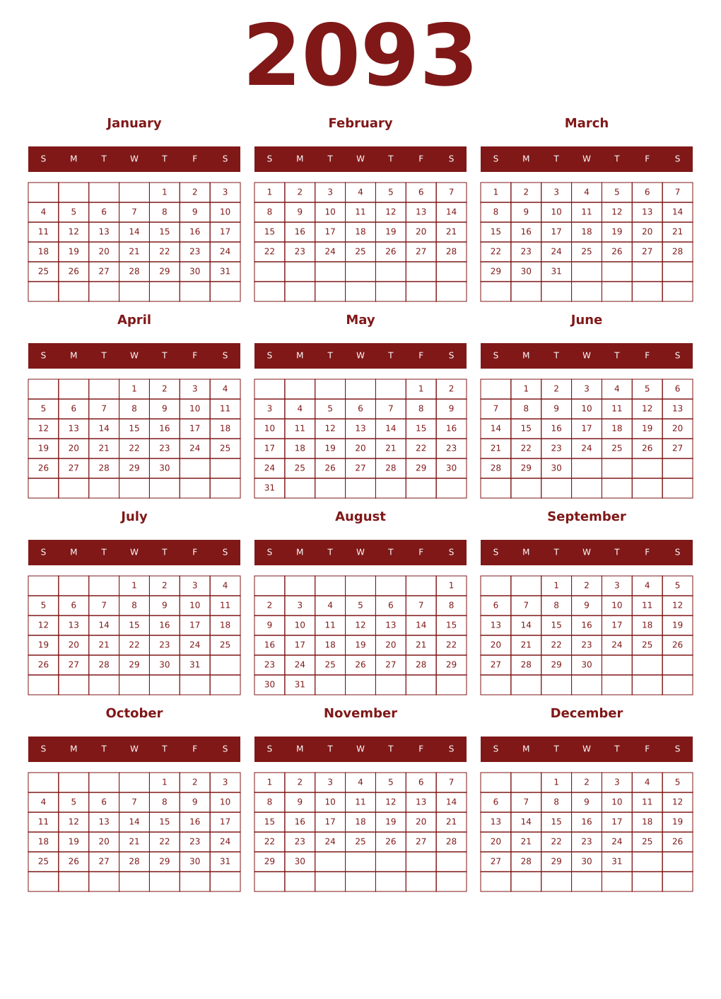 Printable 2093 Year Calendars falu
