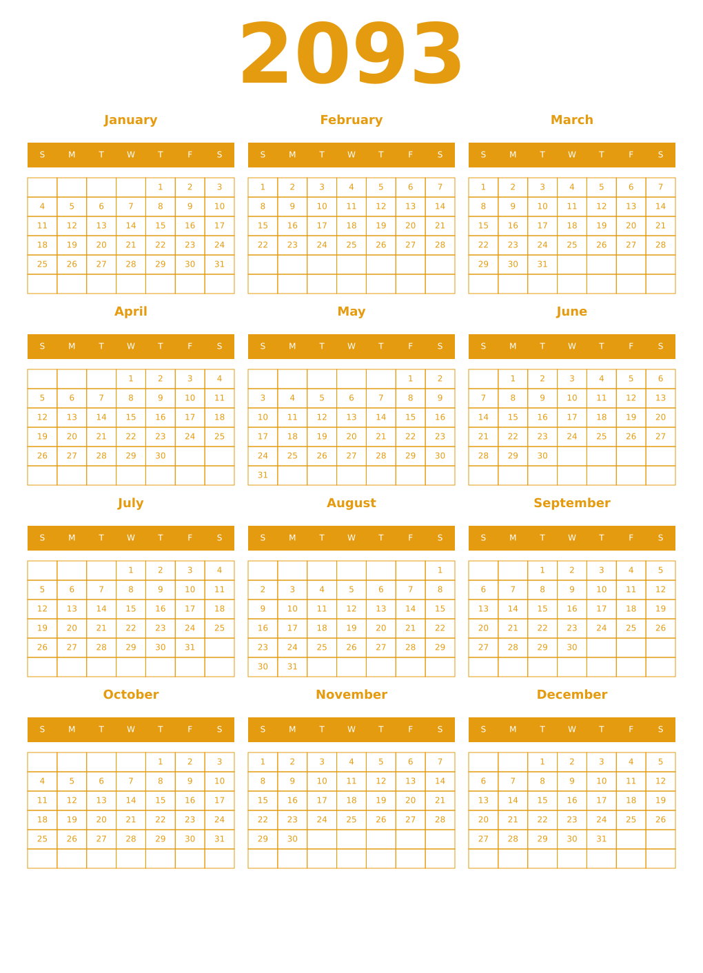 Printable 2093 Year Calendars gamboge