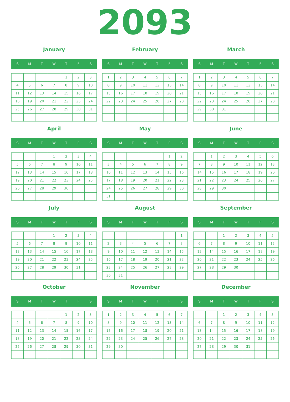 Printable 2093 Year Calendars green