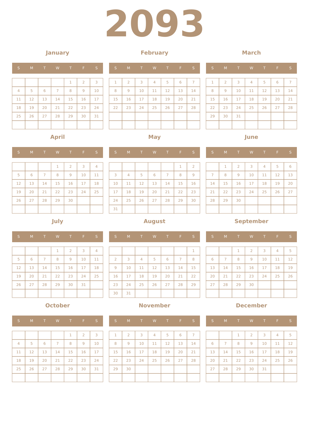 Printable 2093 Year Calendars isabelline