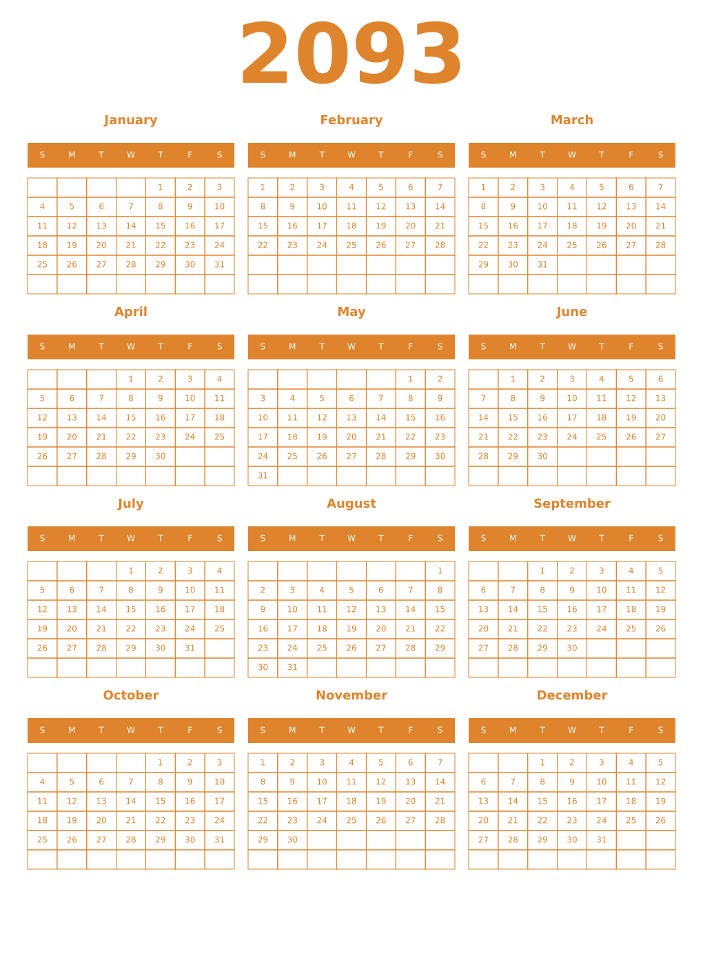 Printable 2093 Year Calendars orange