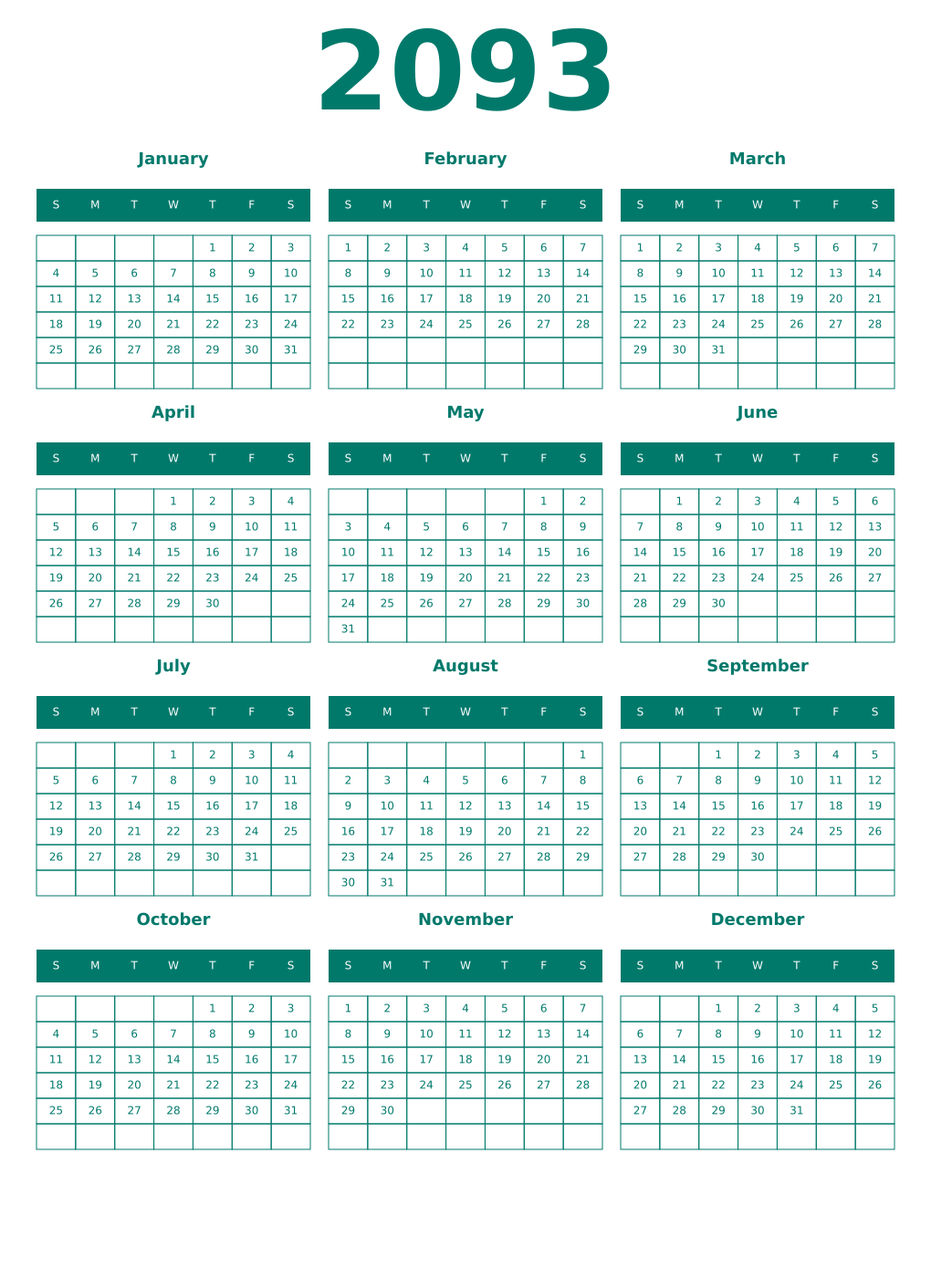 Printable 2093 Year Calendars pastel