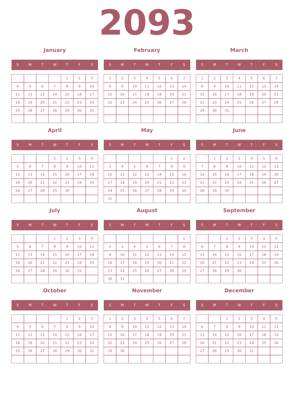 Printable 2093 Year Calendars puce