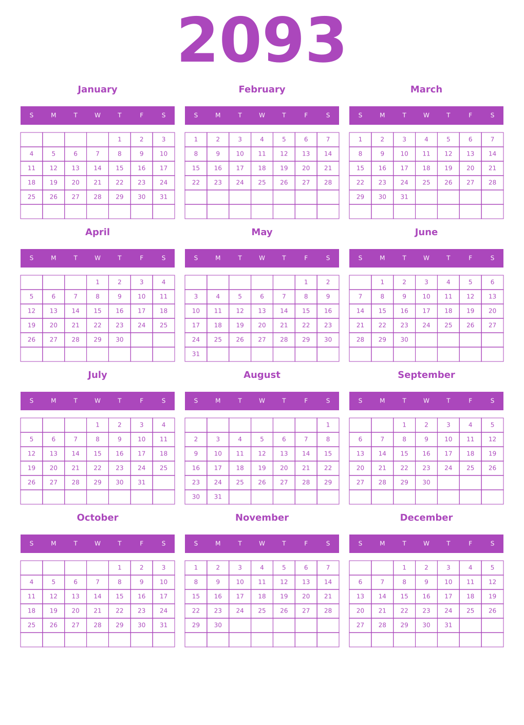 Printable 2093 Year Calendars purple
