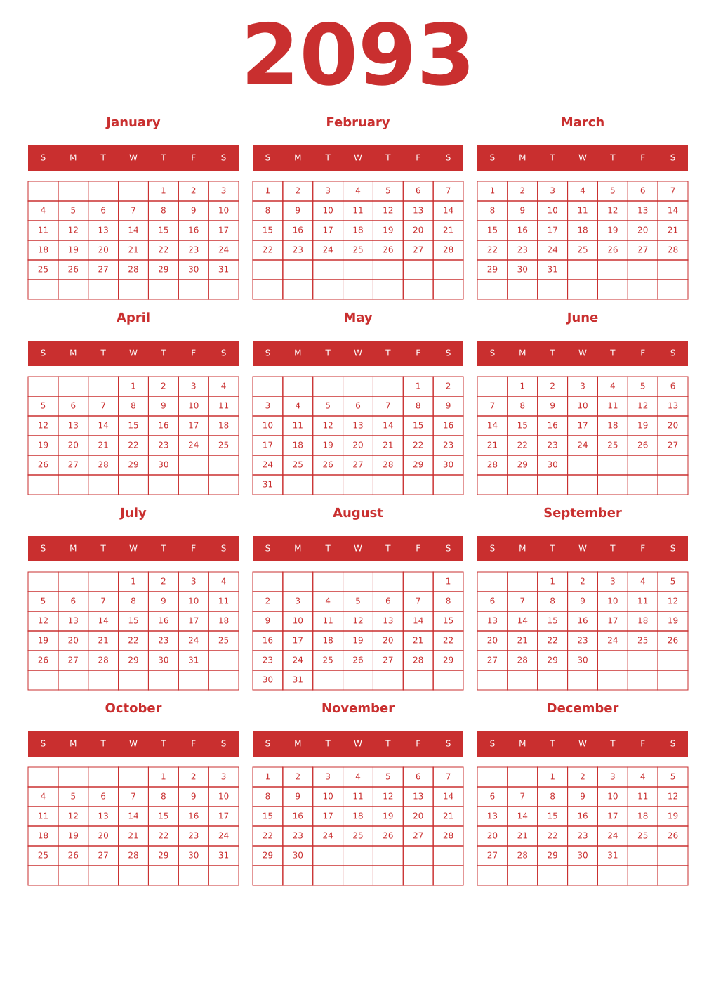 Printable 2093 Year Calendars red