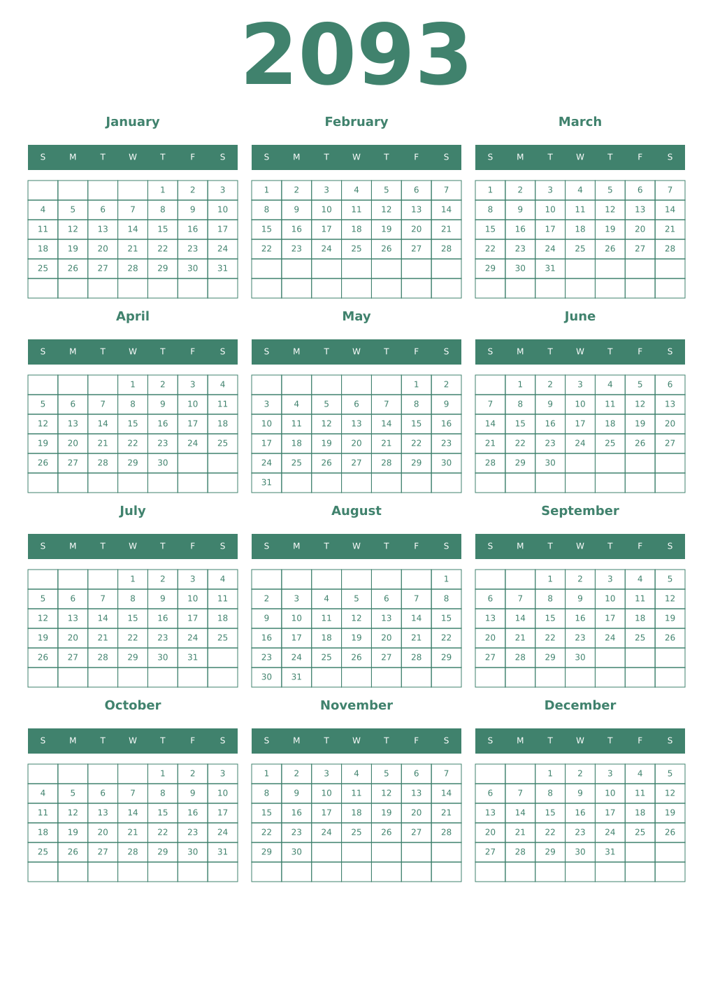 Printable 2093 Year Calendars viridian