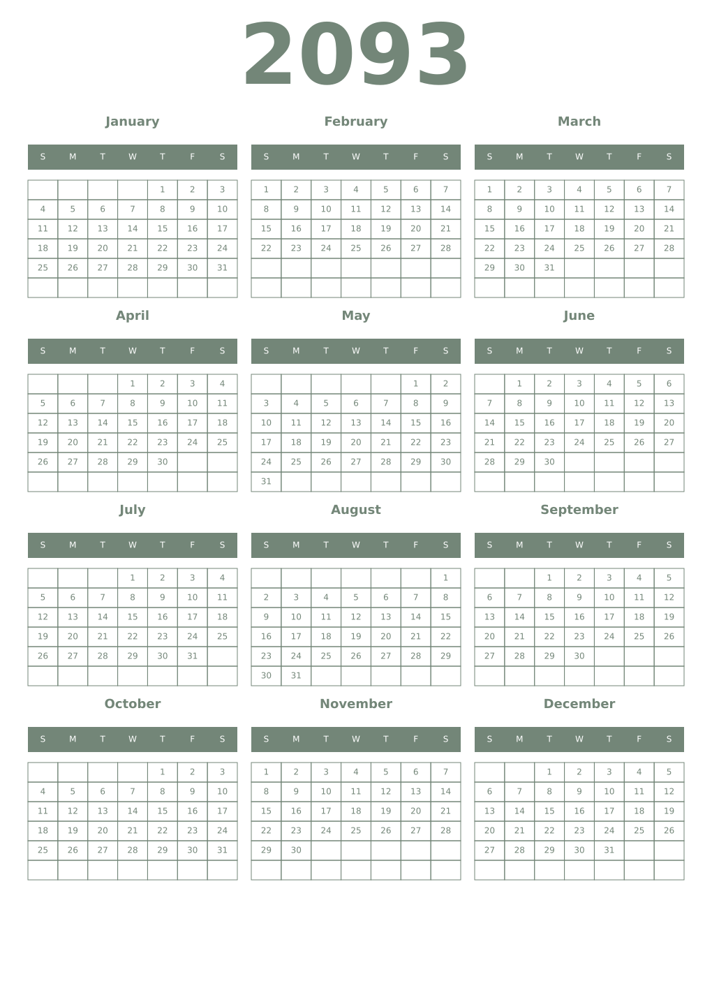 Printable 2093 Year Calendars xanadu