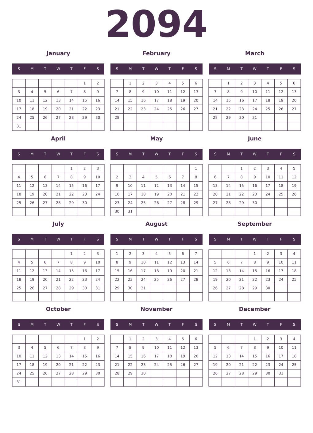 Printable 2094 Year Calendars aubergine