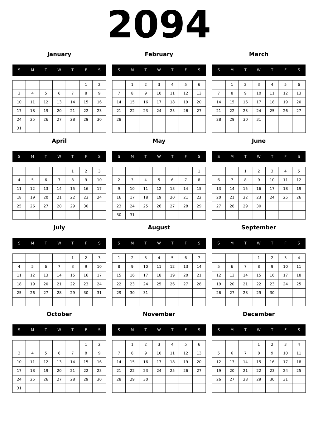 Printable 2094 Year Calendars black