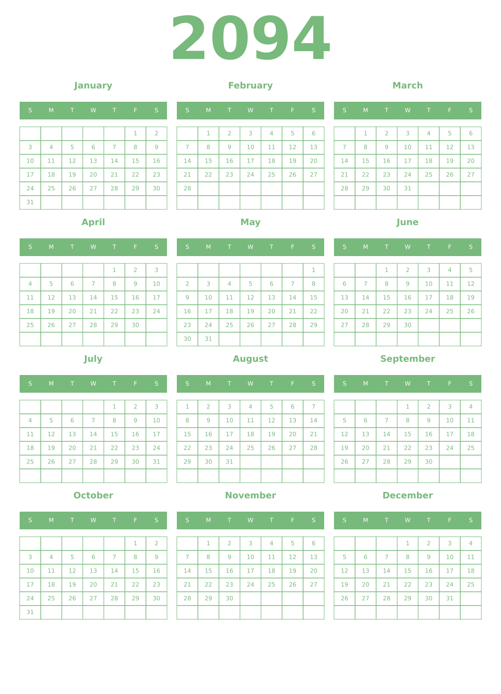 Printable 2094 Year Calendars celadon