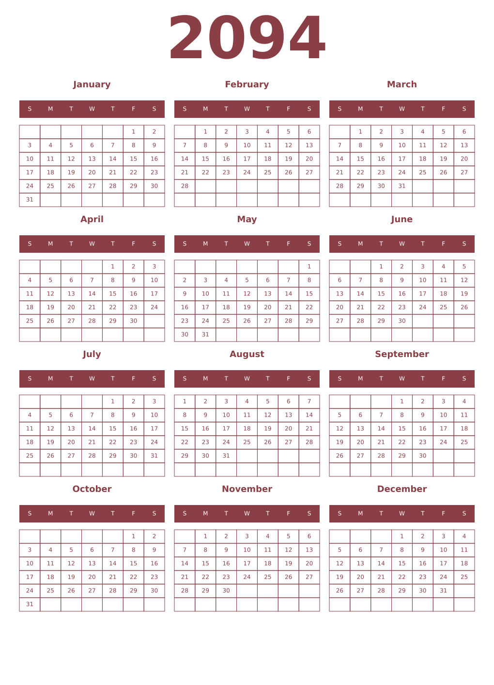 Printable 2094 Year Calendars cordovan