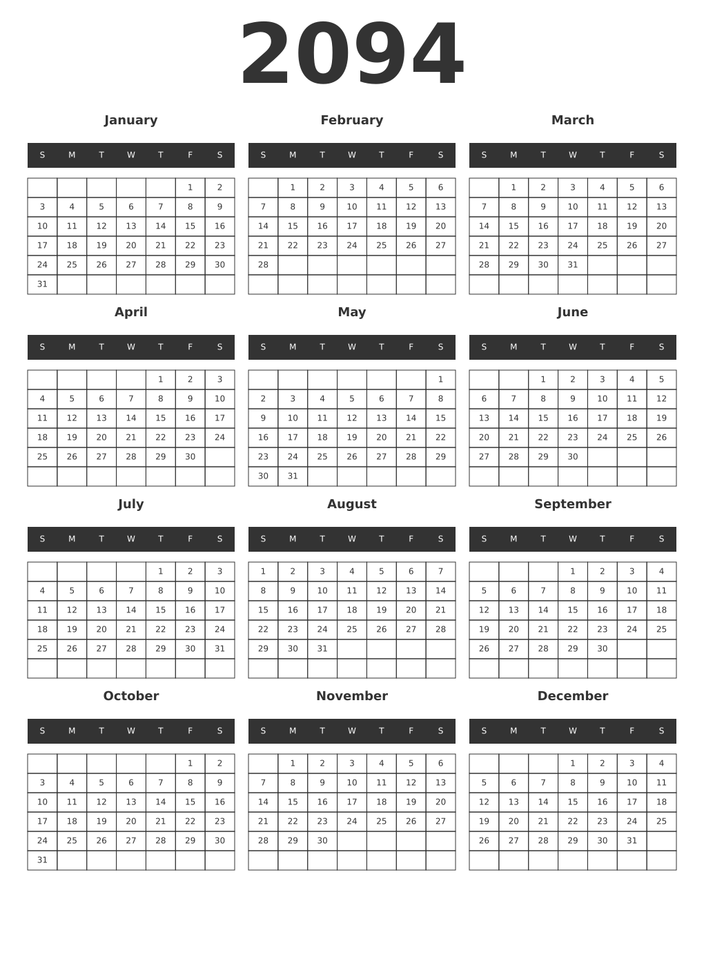 Printable 2094 Year Calendars dark