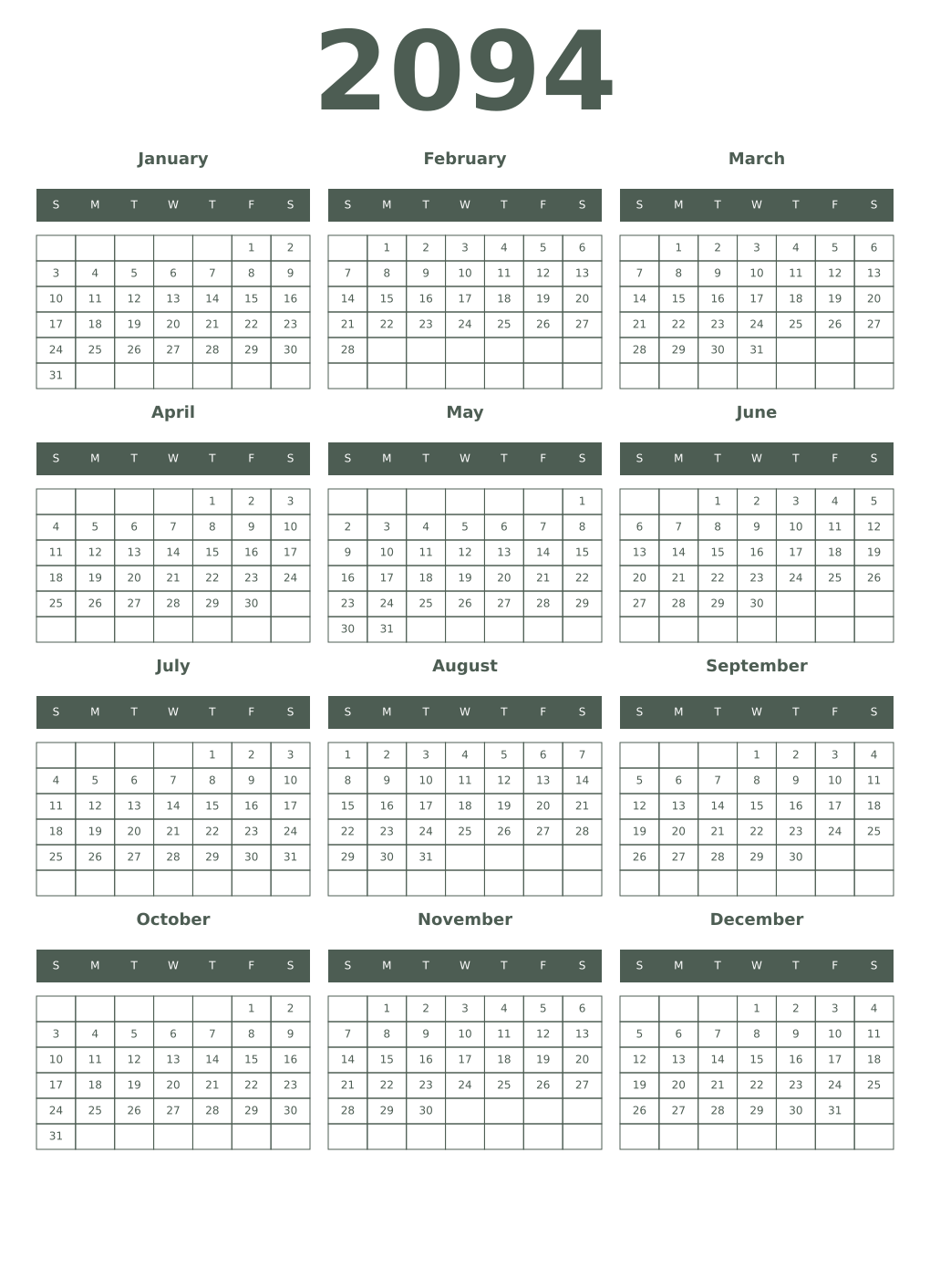 Printable 2094 Year Calendars feldgrau