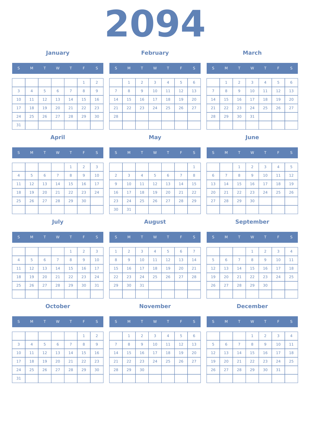 Printable 2094 Year Calendars glaucous