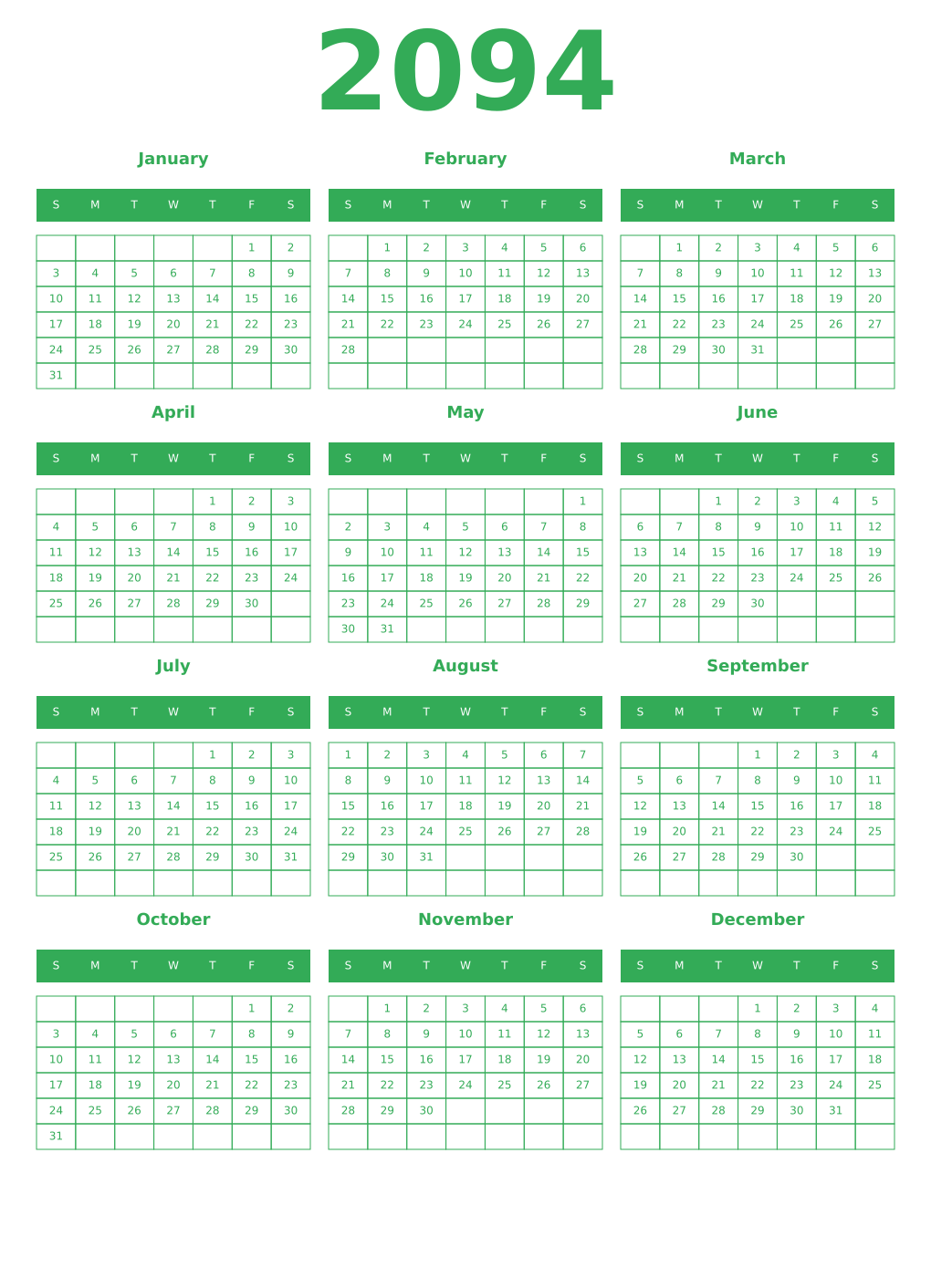 Printable 2094 Year Calendars green