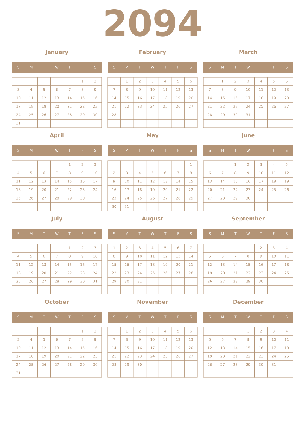 Printable 2094 Year Calendars isabelline