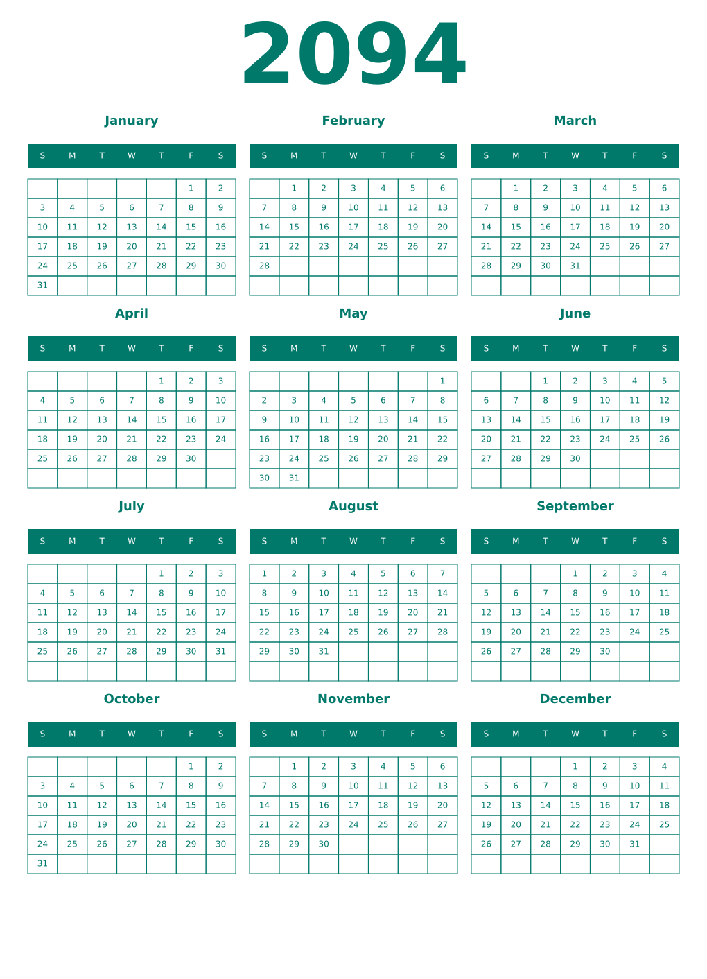 Printable 2094 Year Calendars pastel
