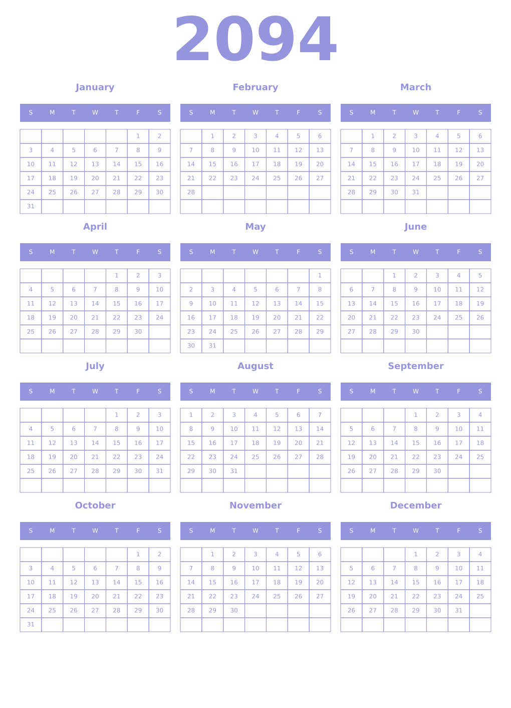 Printable 2094 Year Calendars periwinkle