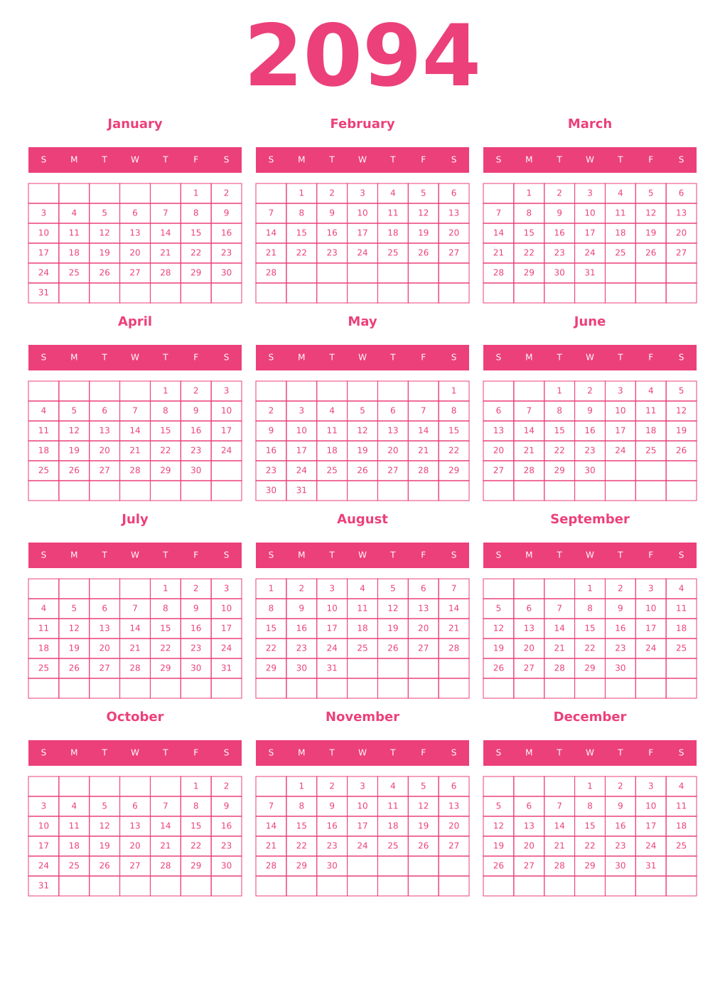 Printable 2094 Year Calendars pink