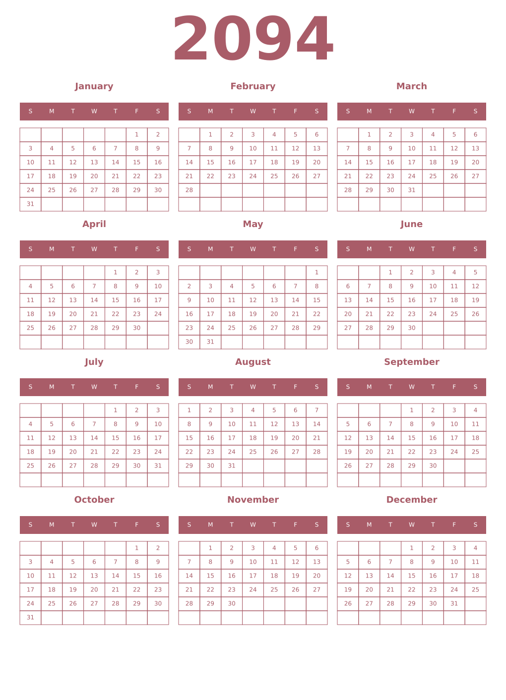Printable 2094 Year Calendars puce