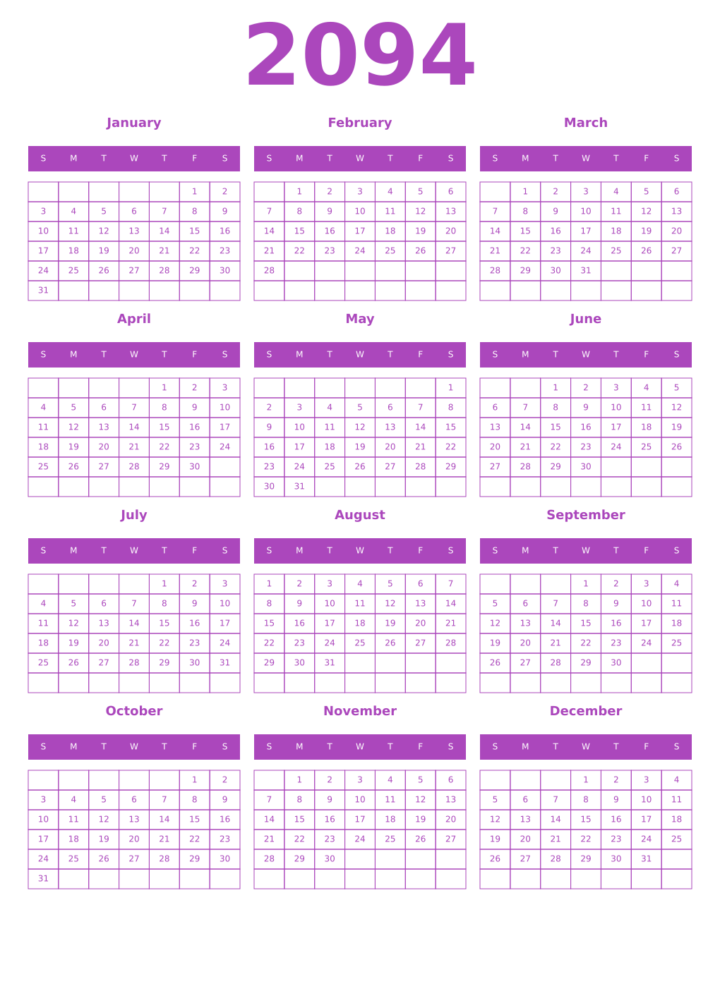 Printable 2094 Year Calendars purple
