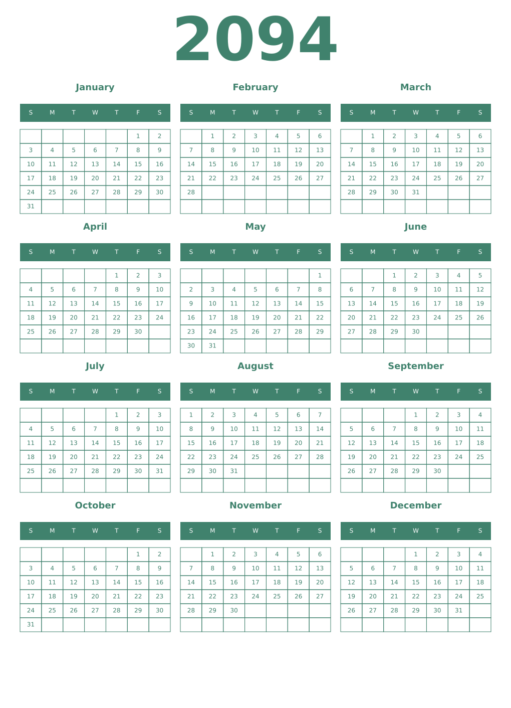 Printable 2094 Year Calendars viridian