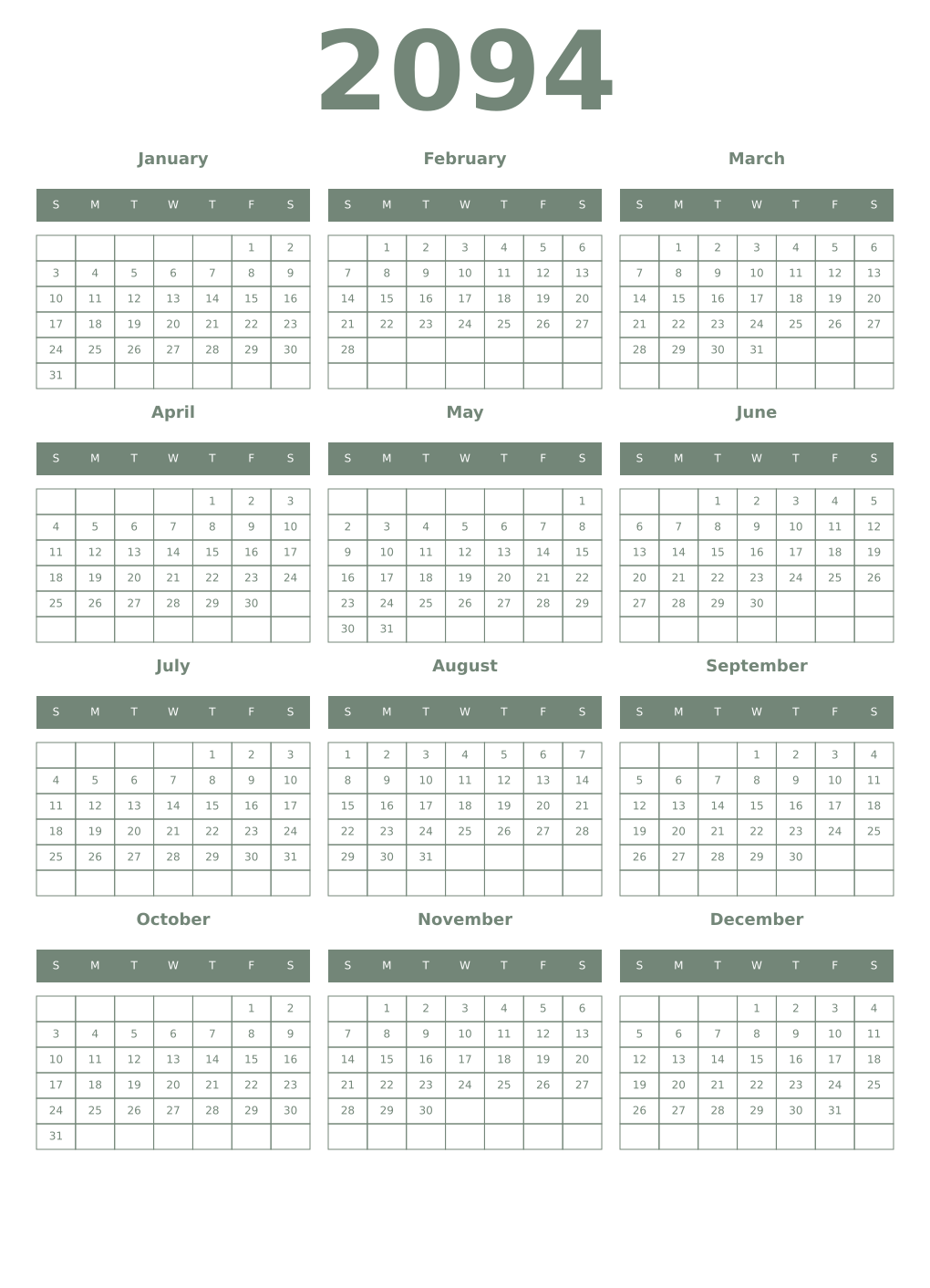 Printable 2094 Year Calendars xanadu