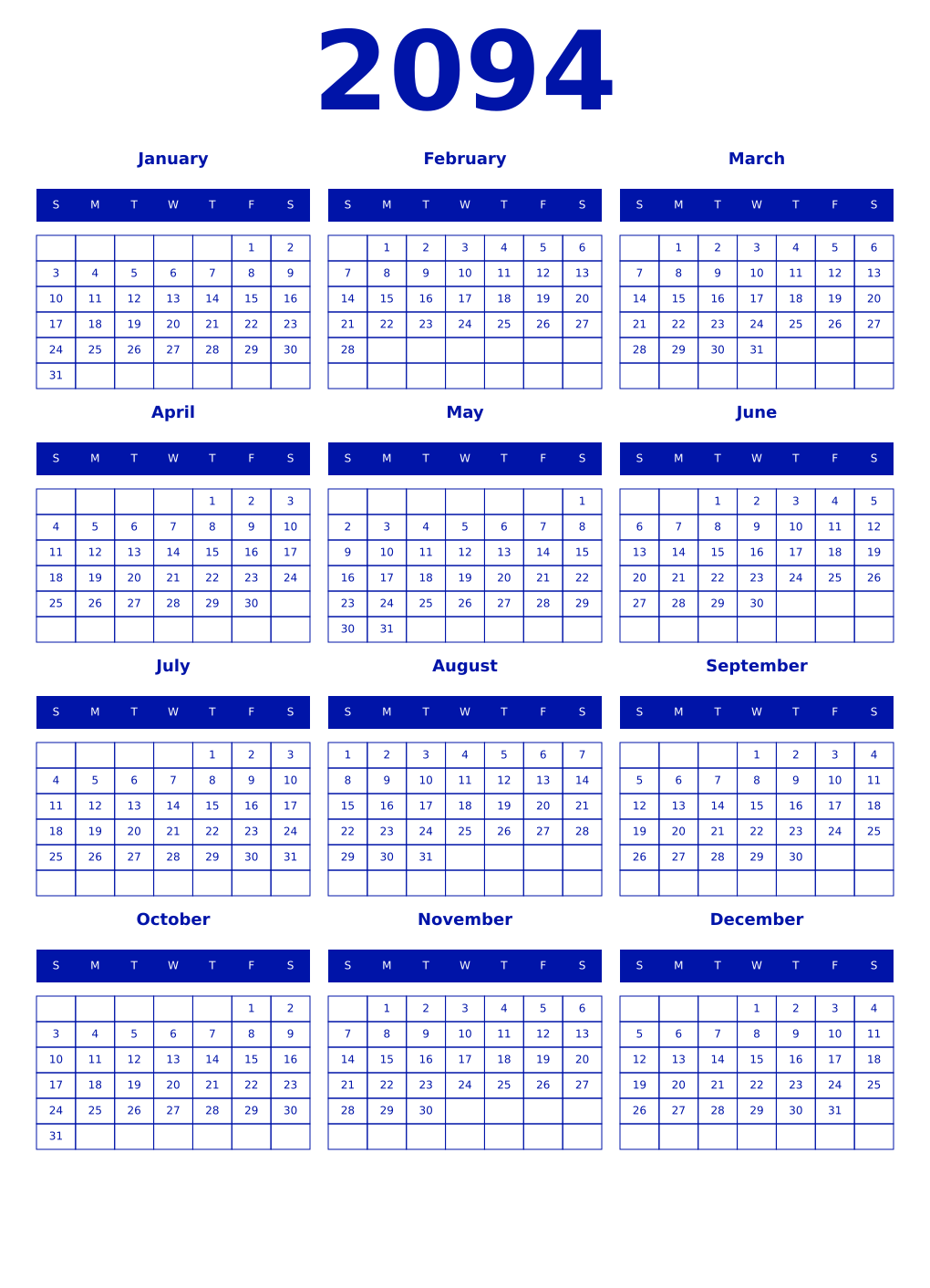 Printable 2094 Year Calendars zaffre